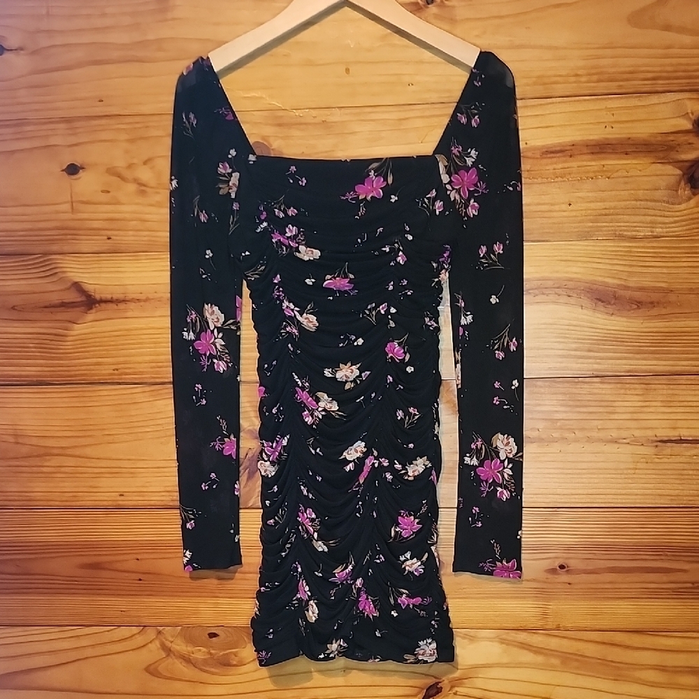 Leith Mesh Sleeved Ruched Floral Dress M